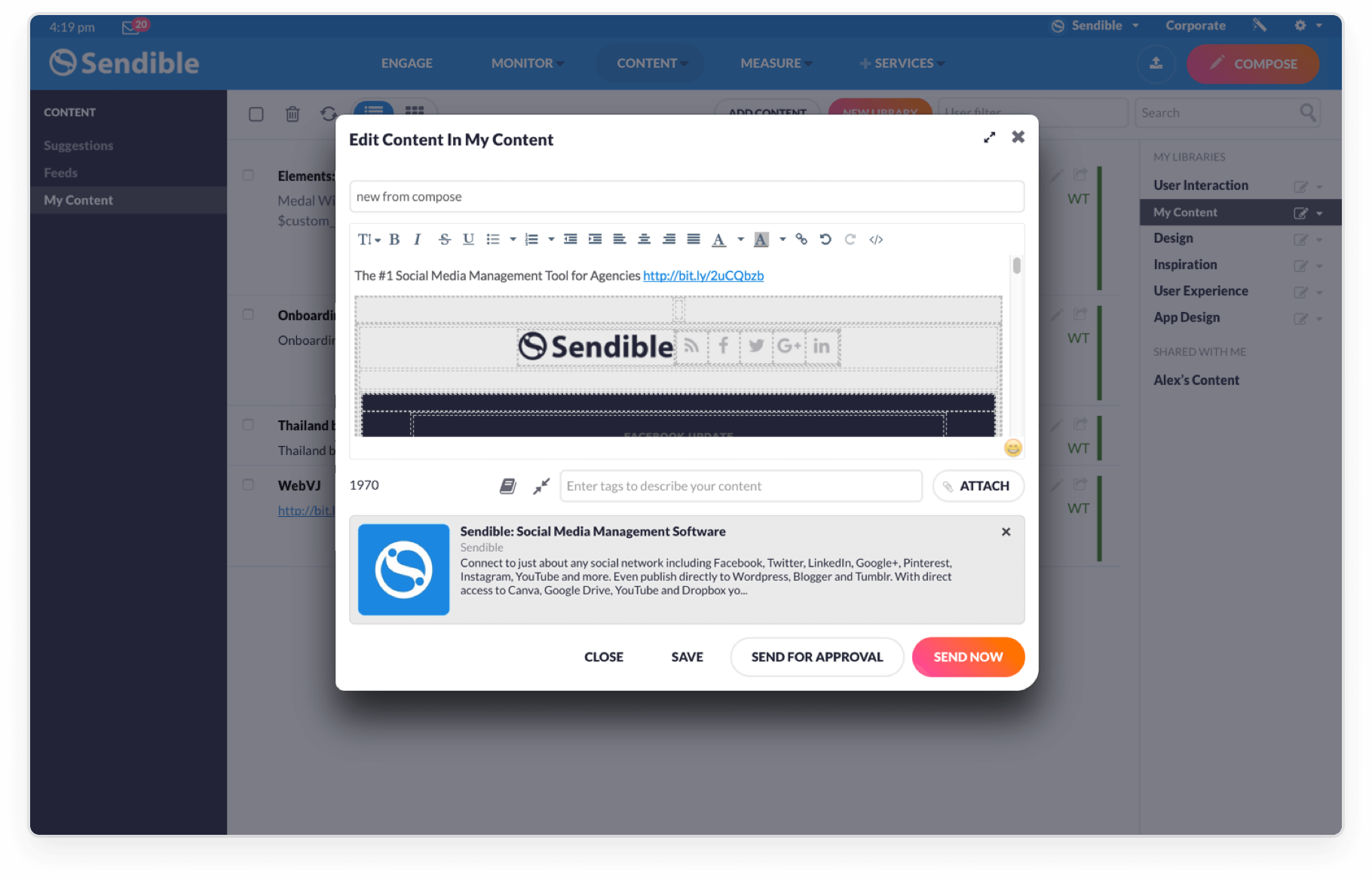 Sendible Posts zur Genehmigung einreichen in Sendible