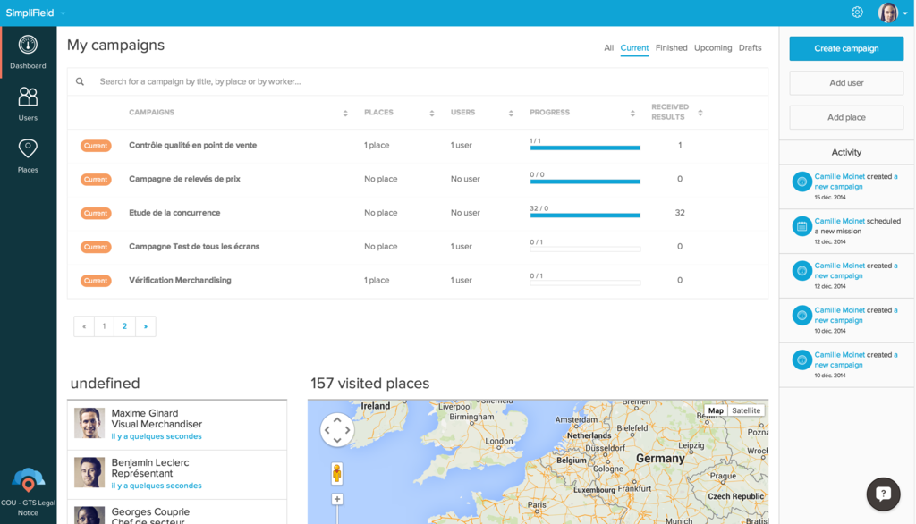 tableau de bord SimpliFielf