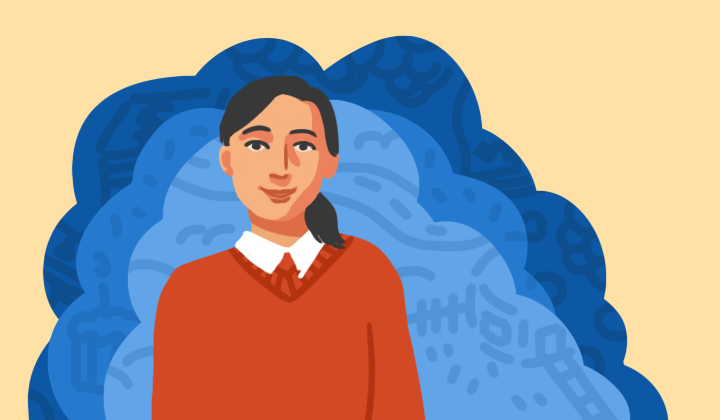 Eine Frau vor blauem Hintergrund