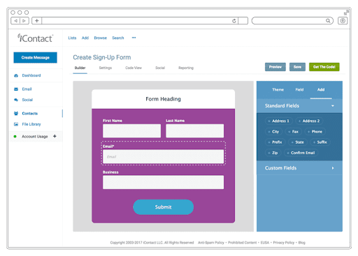 Interface de gestions des modèles dans l'outil d'emailing iContact