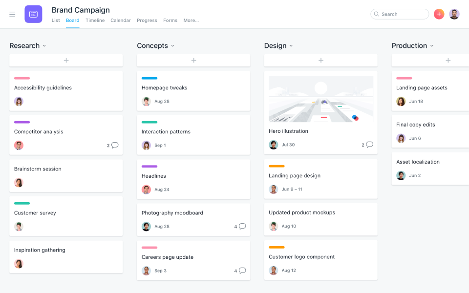 Asana project management board view