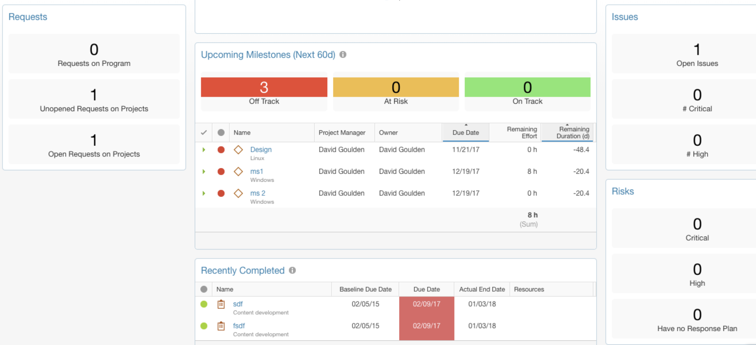 Dashboard mit Ausschnitt einer Projektübersicht im Projekttracking-Tool Clarizen
