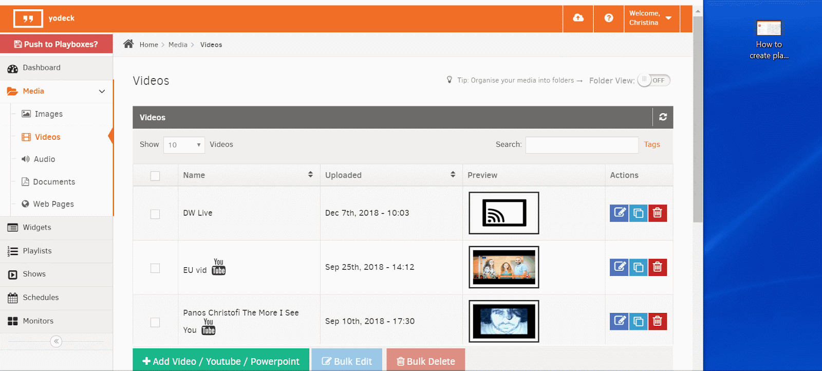 Screenshot_digital_signage_Tool_Yodeck Screenshot des Digital signage Tools Yodeck