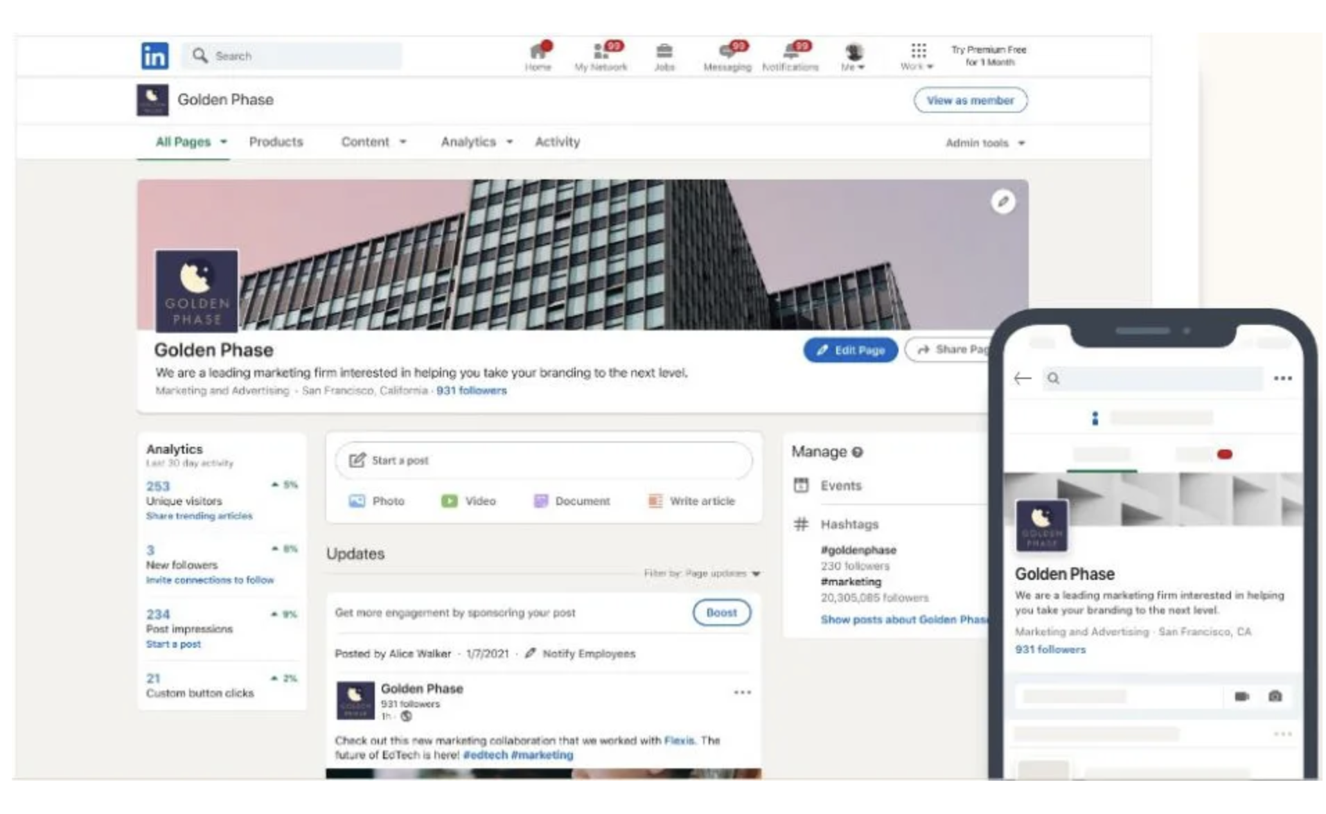 recrutement-collaborateur-Capterra-Screenshot-LinkedIn for Business-1.png-20231124T070233Z-001 Tableau de bord avec analyses dans le logiciel d'expérience collaborateur LinkedIn for Business