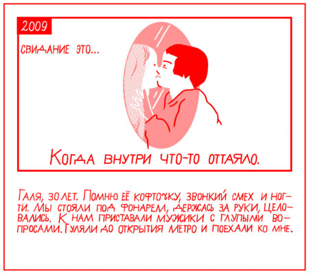 Свидание - это: когда внутри что-то оттаяло.
Галя, 30 лет. Помню её кофточку, звонкий смех и ногти. Мы стояли под фонарём, держась за руки, целовались. К нам приставали мужики с глупыми вопросами. Гуляли до открытия метро и поехали ко мне.