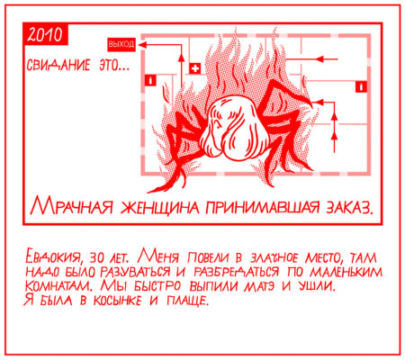 Свидание — это... мрачная женщина, принимавшая заказ.
Евдокия, 30 лет. Меня повели в злачное место, там надо было разуваться и разбредаться по маленьким комнатам. Мы быстро выпили матэ и ушли. Я была в косынке и плаще.