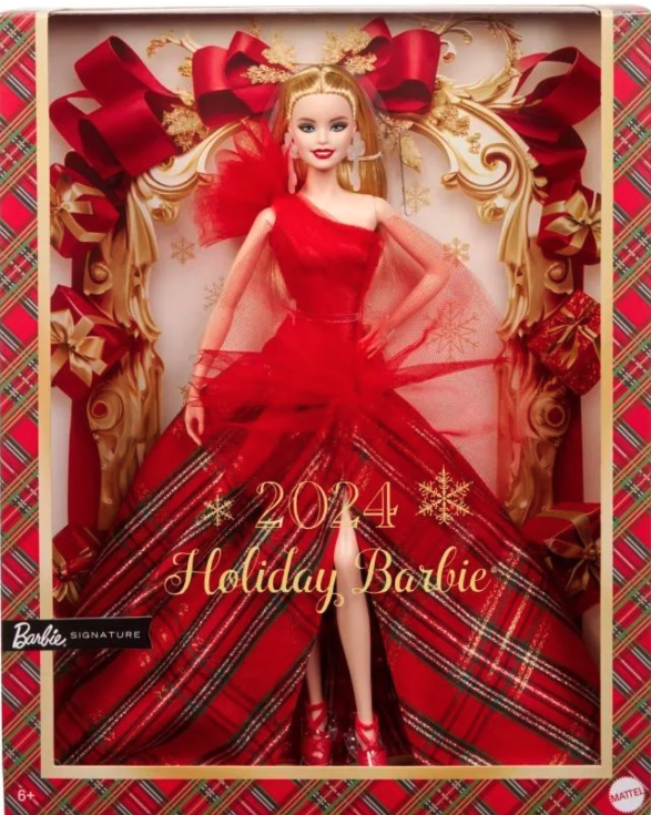 Holiday Barbie sits in AI-designed festive box 