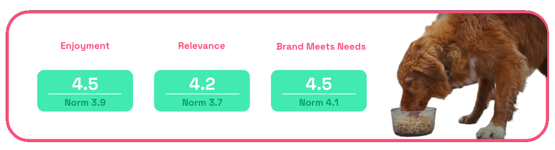 Chart showing viewers enjoyment, relevance and brand meets needs scores after watching The Farmer's Dog The Jump ad
