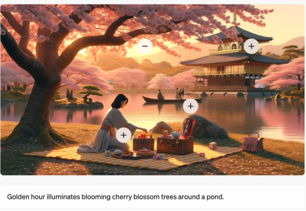 AI-generated image of woman having picnic under blossom tree 