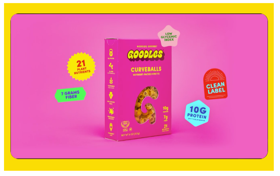 Box of Goodles Curveballs in fuchsia box, behind a pink backdrop that includes mini labels on the product’s benefits. 