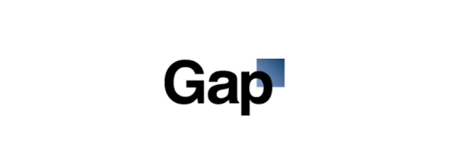 Gap logo in helvetica font on white background with small blue square in upper right corner