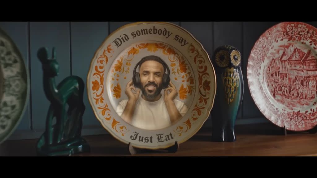 Still image from Just Eat's “Every Neighbour Got Their Flava” ad with Craig David on a porcelain plate
