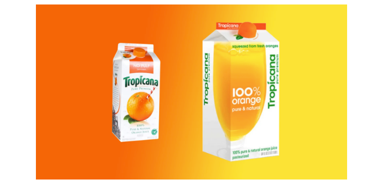 an orange/yellow rectangle with two cartons of orange juice, on the left the famous Tropicana logo, an orange with a red and white straw; on the right the disastrous rebrand with a transparent glass filled with orange juice