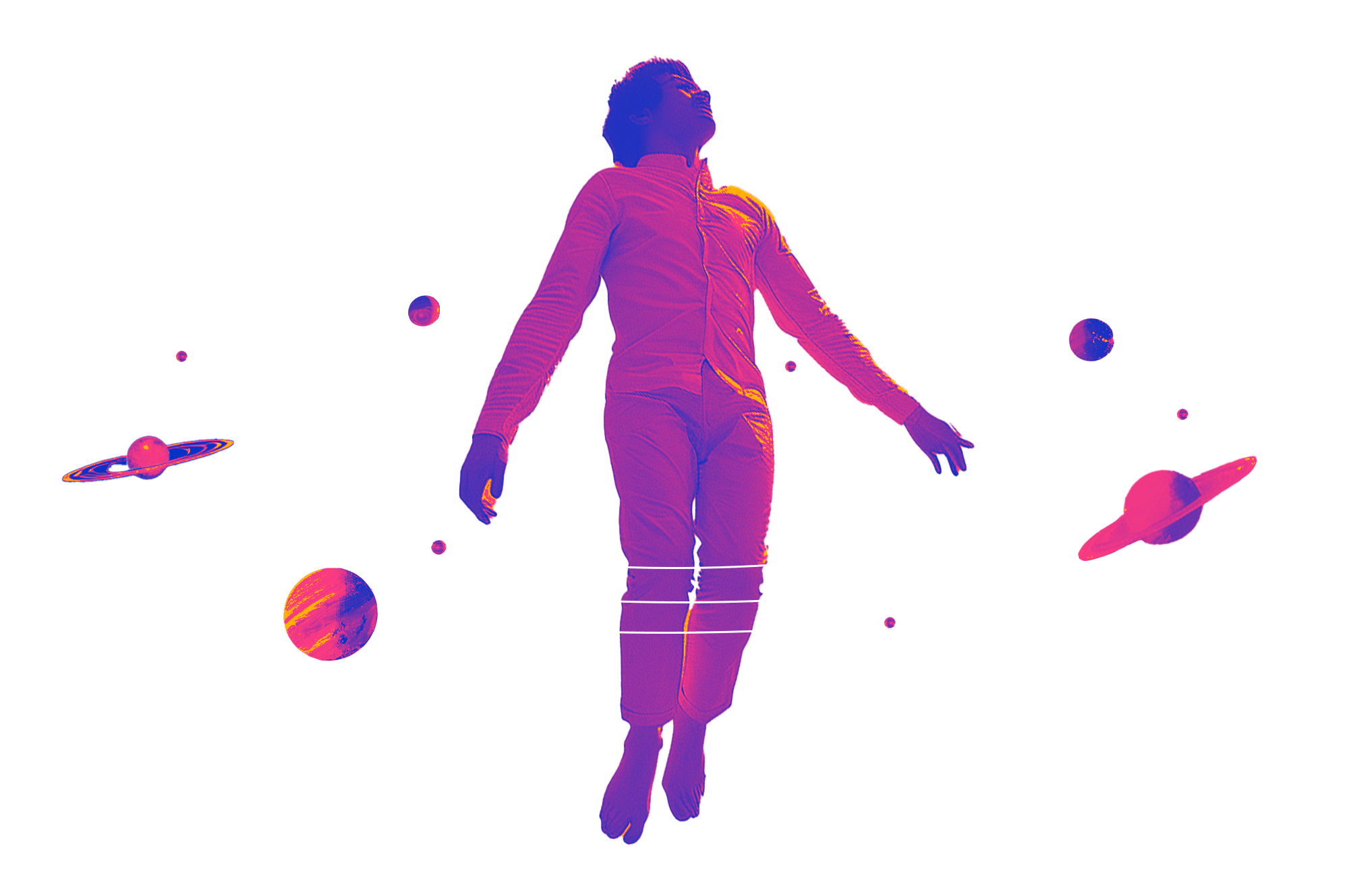 Putting consumers at the heart of your brand strategy. A person floating in space with a lot of planets orbiting around them.