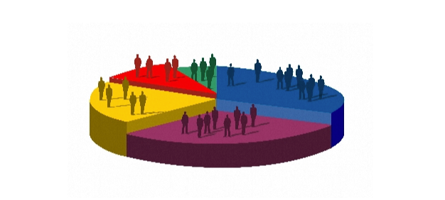 a multi-colored circle divided into segments of different colors, with groups of silhouettes standing on each segment