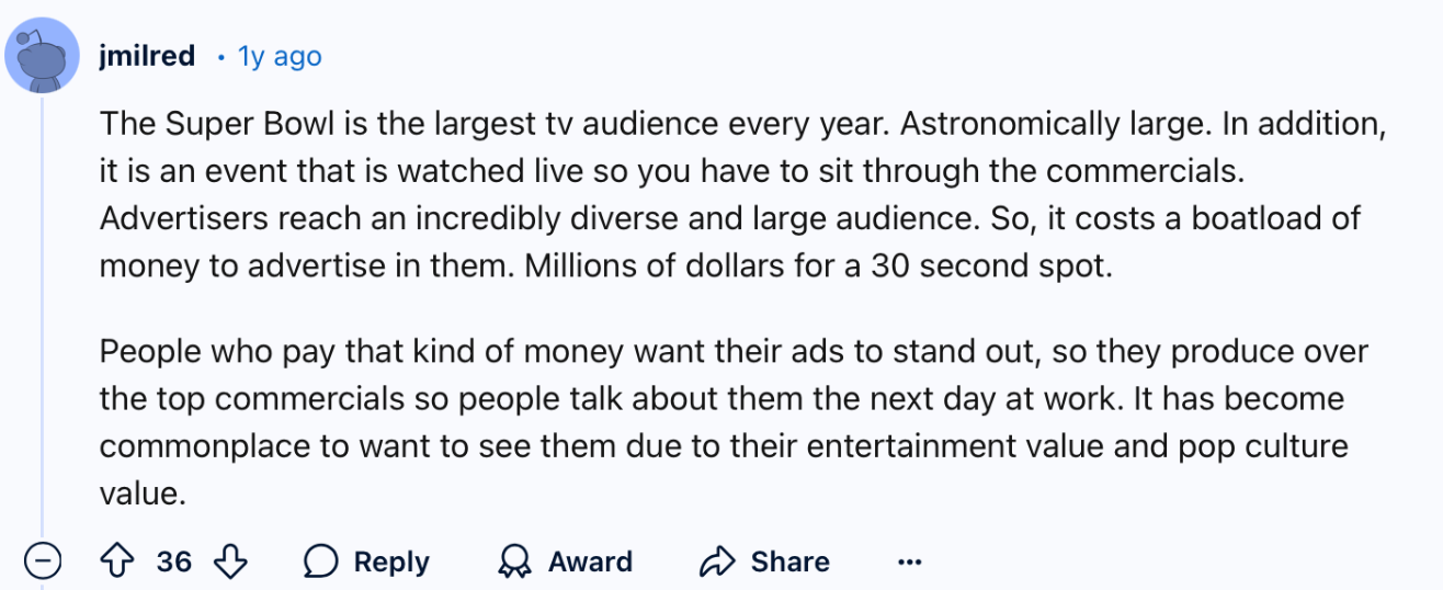 Reddit user says Super Bowl has the largest TV audience and brands go out of their way to make them memorable and something to talk about. 