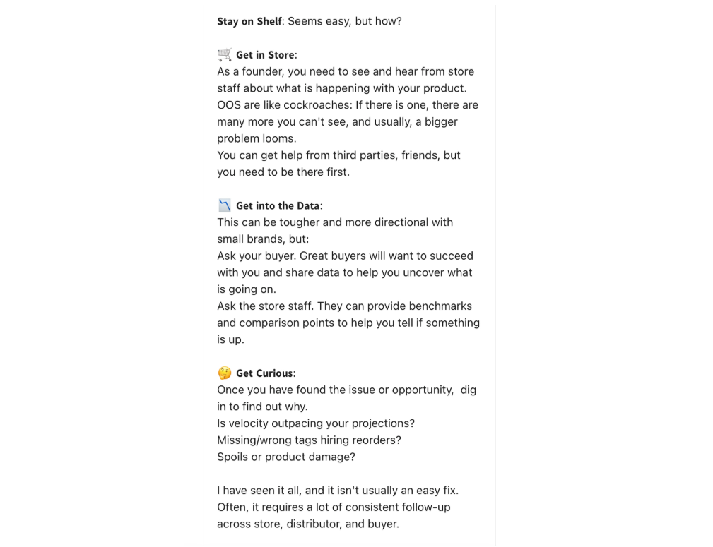 Excerpt from Kathryn Tuttle’s LinkedIn profile in which she recommends CPG brands monitor how their products are performing in store by speaking directly to store staff, monitor data, and uncover the why between problems and opportunities. 