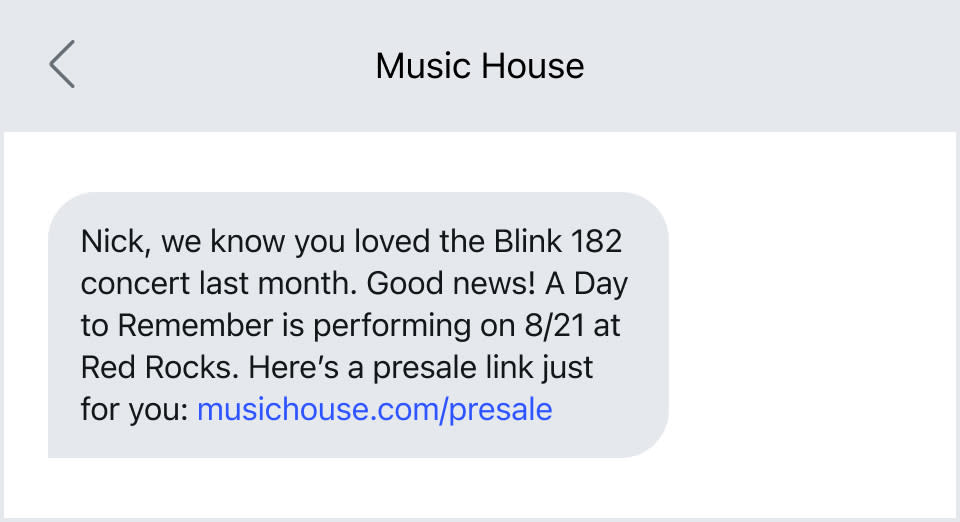 personalized text message screenshot based on prior concert ticket purchase 