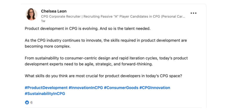 CPG corporate recruiter Chelsea Leon says CPG product development is changing from a sustainability focus rapid iteration cycles