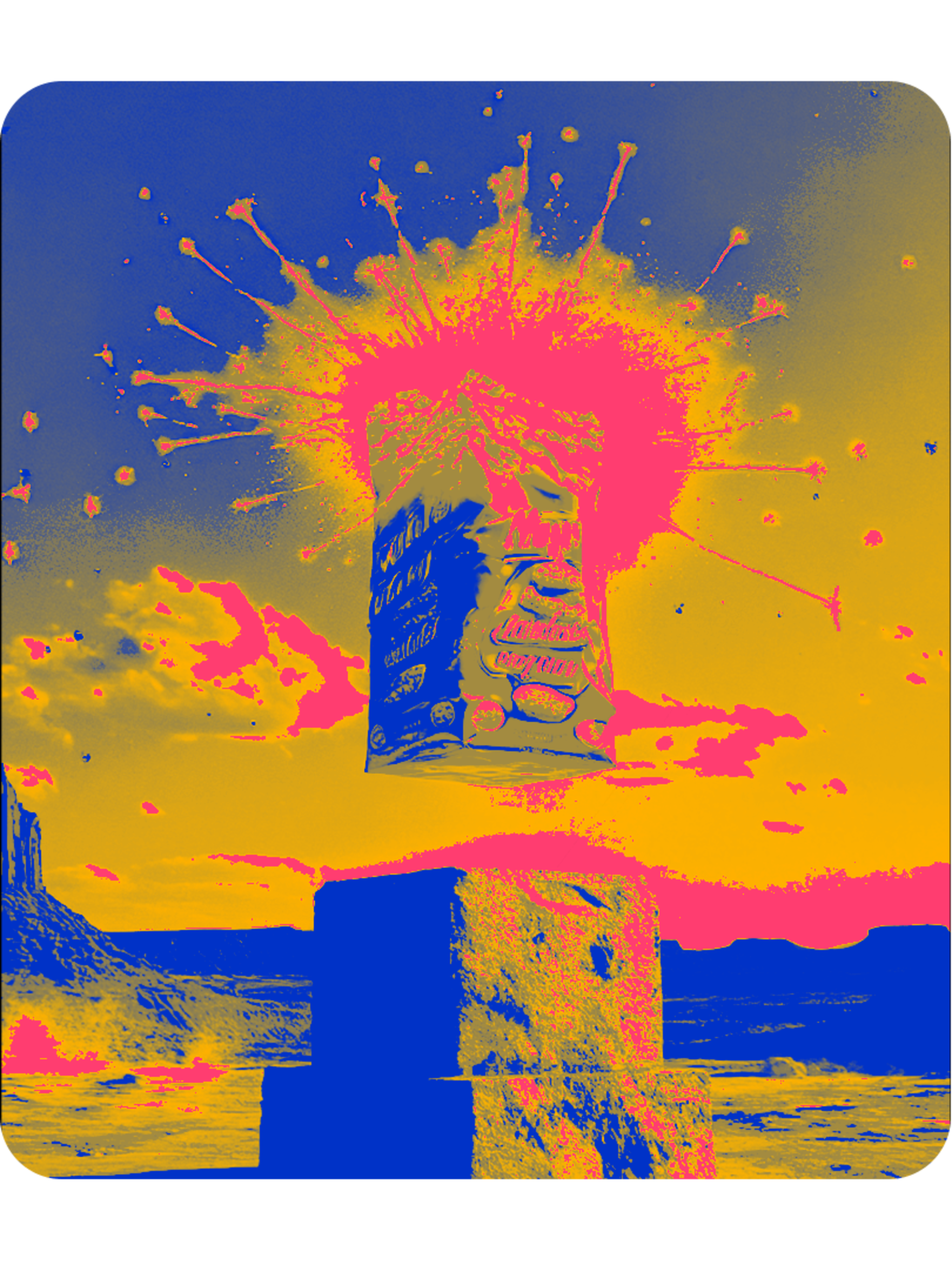 A bag of snacks floating over a pedestal, with sparkles coming out of it.