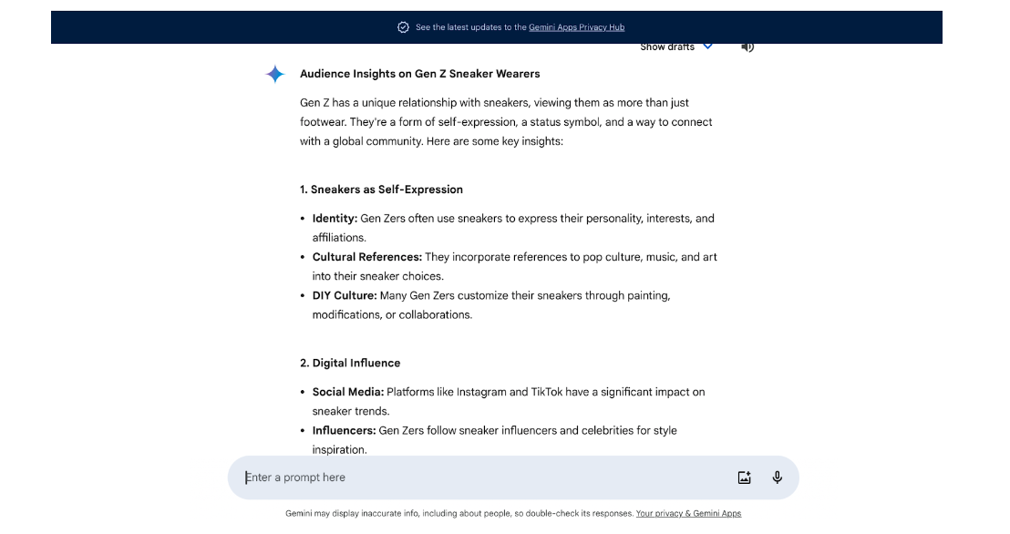 Gemini provides audience insights into Gen Z sneaker wearers 