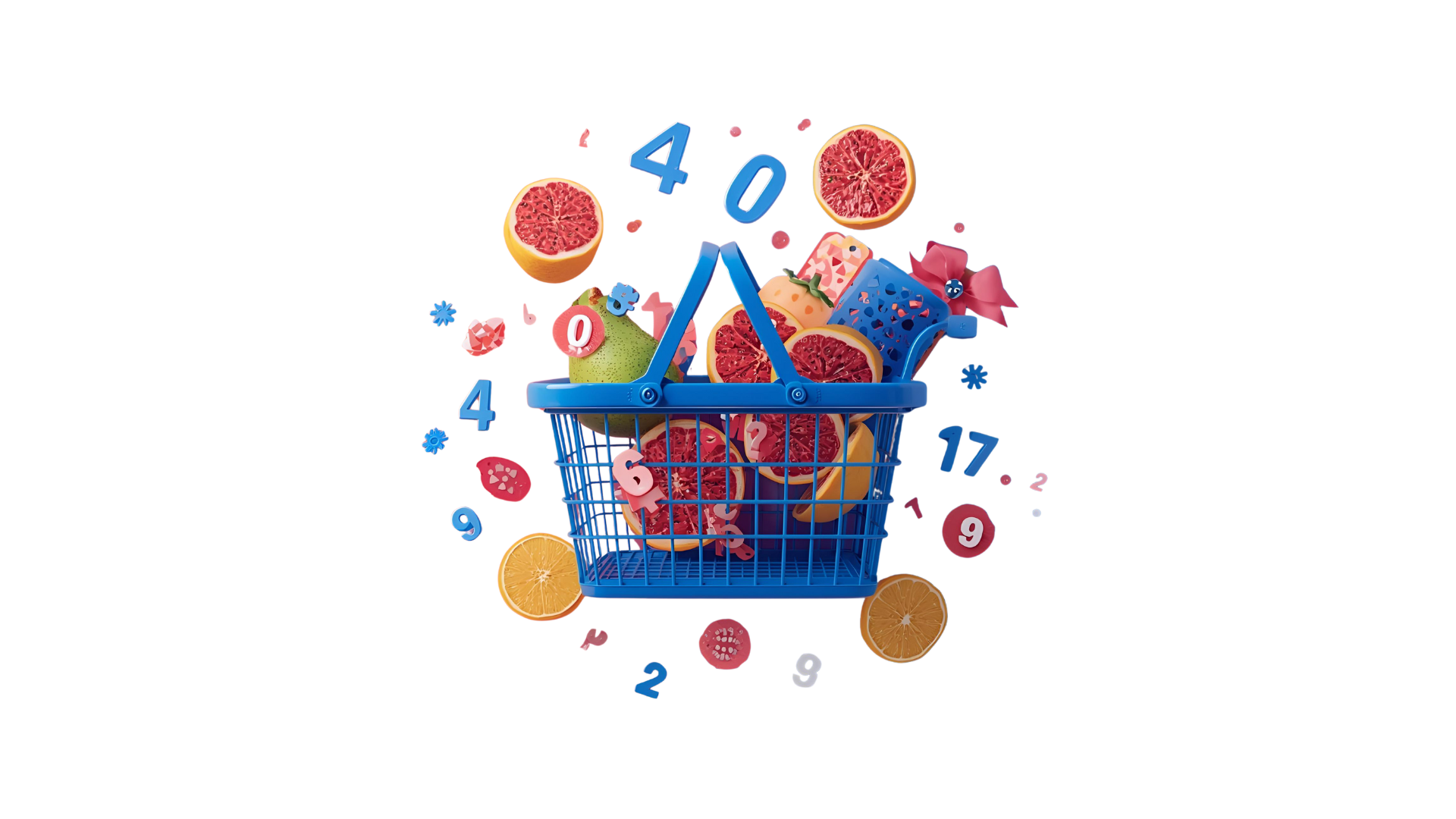 An image of a market basket filled with items like fruit and data with numbers around it