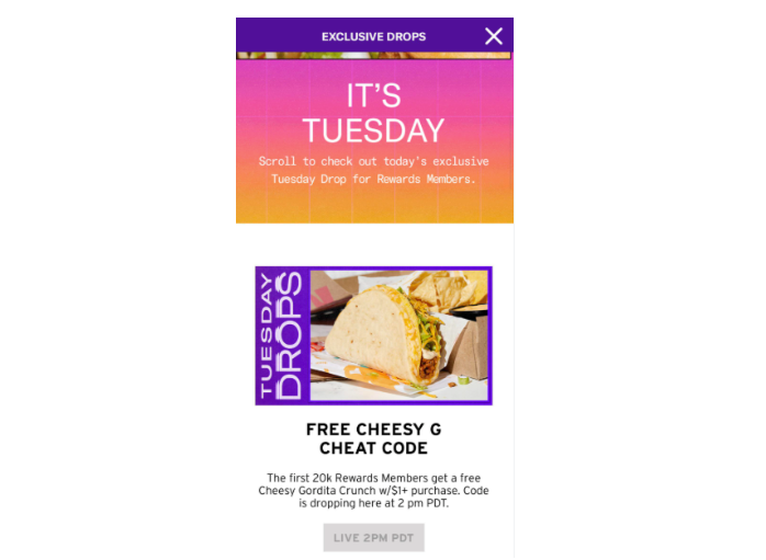 App screenshot from Taco Bell app showing Tuesday limited time menu offers on a purple and white background