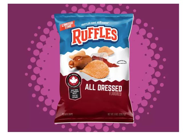 Ruffles chip bag in the all dressed flavor on a purple background with light purple circles