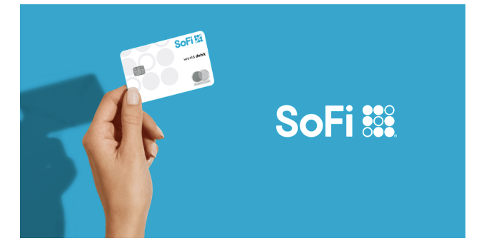 A blue background with a white person’s hand holding a credit card branded “SoFi” and the words “SoFi” to the right in white letters. 