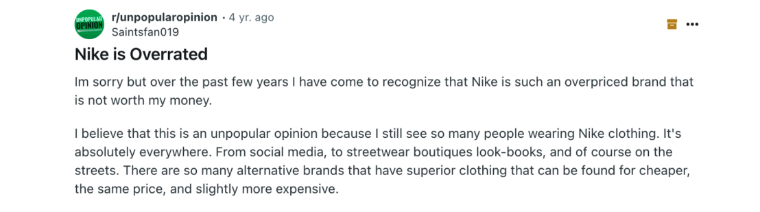 Reddit user shares unpopular opinion on Nike.