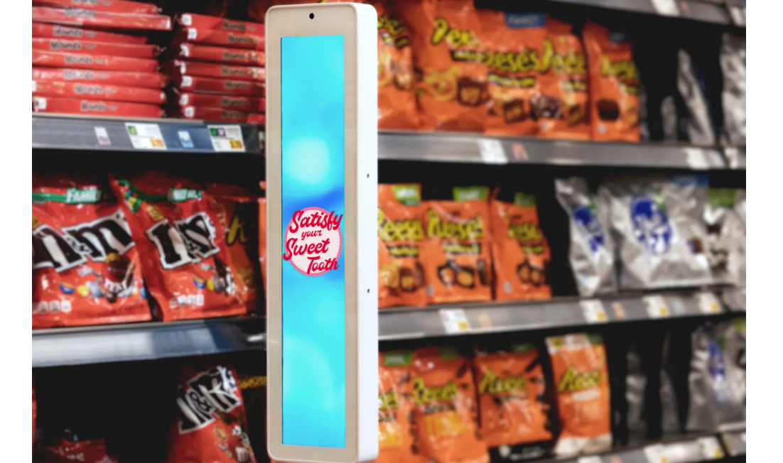 end cap advertises product in snack aisle