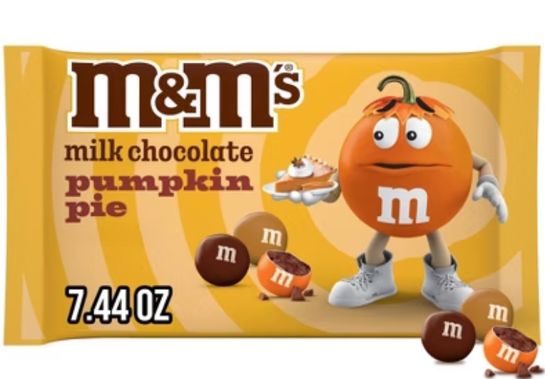 Image of M&Ms limited edition pumpkin pie candy bag on a white background