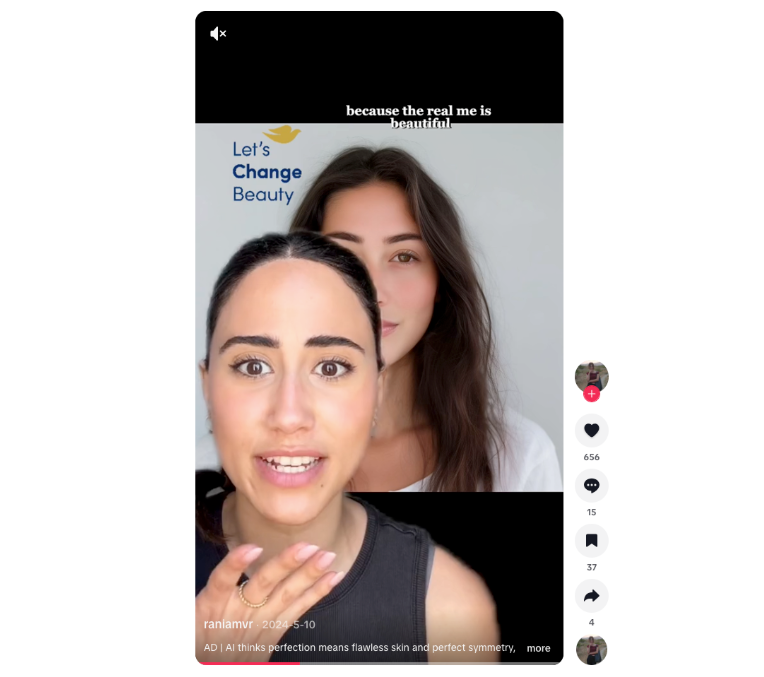 TikTok user raniamvr creating a cutout video for Dove’s “Real Beauty” campaign reimagined on TikTok calling out how AI will affect girls on social media