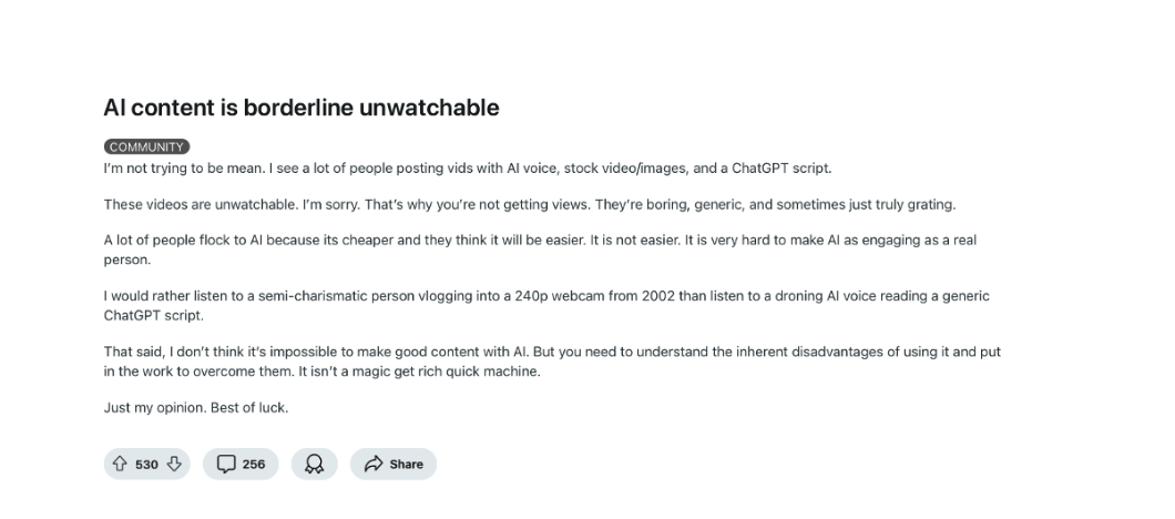 Reddit user says AI videos are unwatchable 