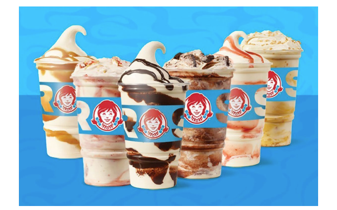 image of Wendy's new Frosty Swirls & Fusions flavors in a line on a blue background 