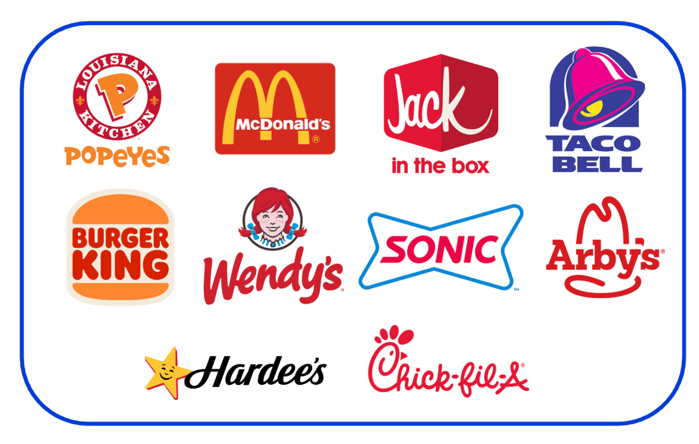 box of logos of 15 QSR brands that have chicken wraps on their menu in the US