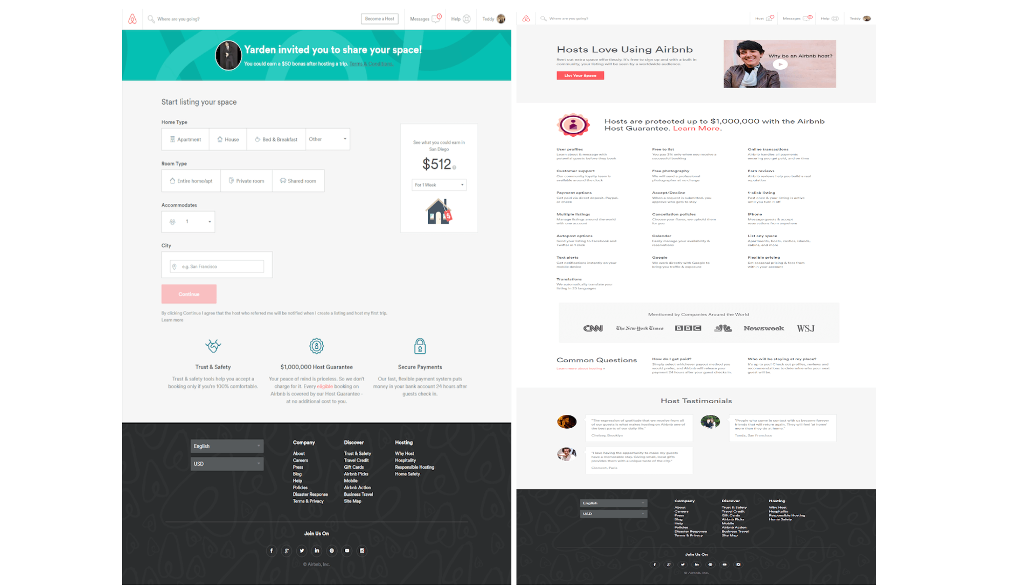 two screenshots of landing pages for Airbnb, one says “Yarden invited you to share your space” at the top with a small oval image of a person and a teal-colored header, the second says “Hosts Love Using Airbnb” with a gray header and a slightly larger image that is an embedded video. 