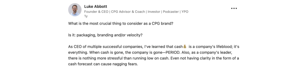 Luke Abbot emphasizes that cash is a company’s lifeblood in a LinkedIn post. 