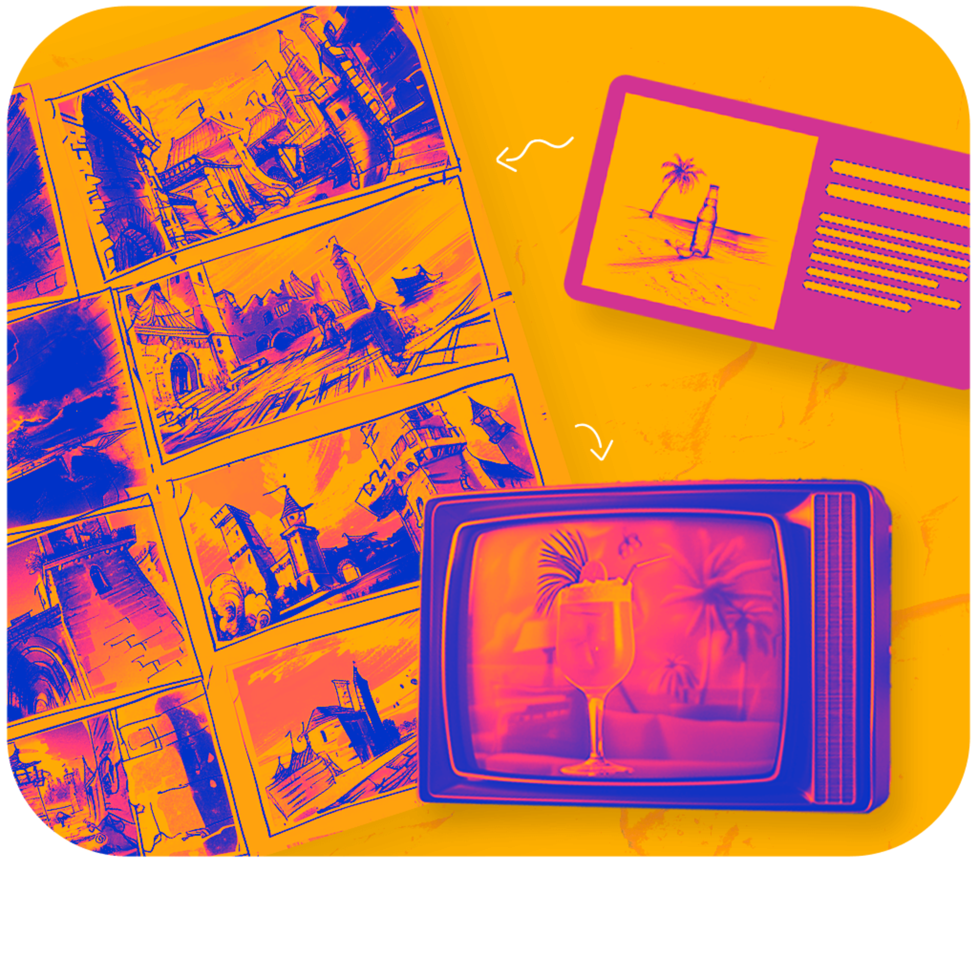 Stages of advertising development. An image of a concept, a storyboard, and a fully finished ad.