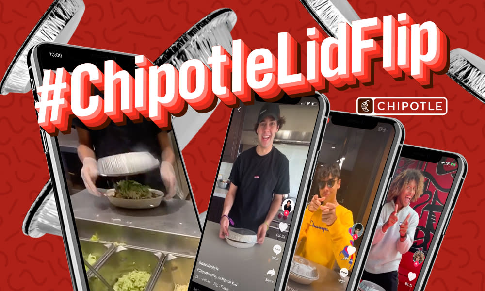 Phone screens showing the images from the viral ChipotleLid Flip challenge 