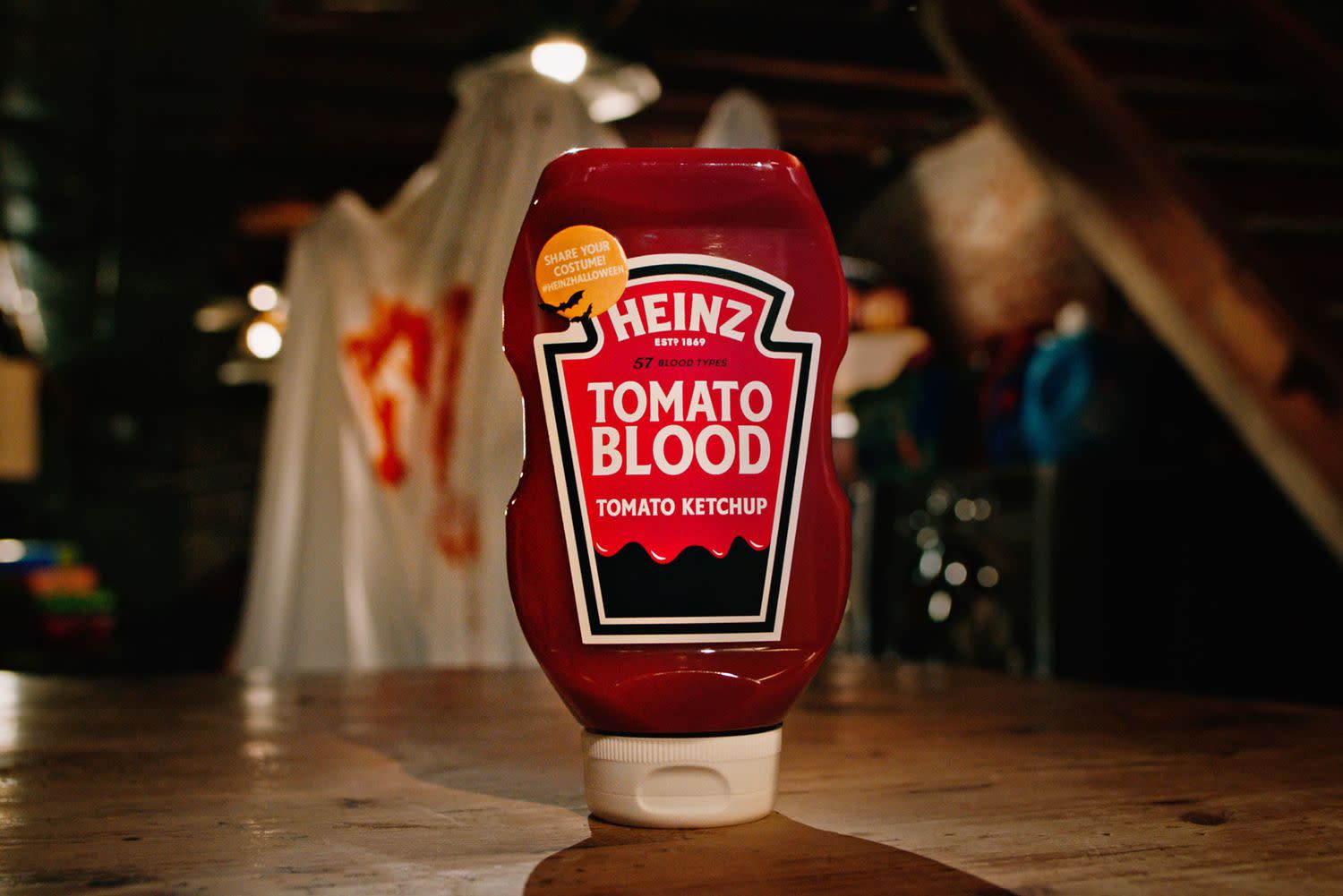 Image of Heinz Tomato Blood ketchup on a table in an attic with a bloody ghost in the background 