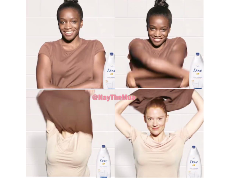 A four panel image each with a bottle of Dove body wash in the bottom right corner: top left, shows a smiling black woman wearing a brown shirt, top right, shows the same woman beginning to remove her shirt. Lower left, the brown shirt covers the woman’s face as she removes it, revealing a light, cream colored shirt below, lower right, the brown shirt is removed, revealing a white woman