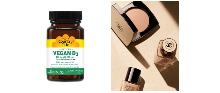 two images, one of a bottle of Vegan D3 nutritional supplements, and the other of three Chanel products