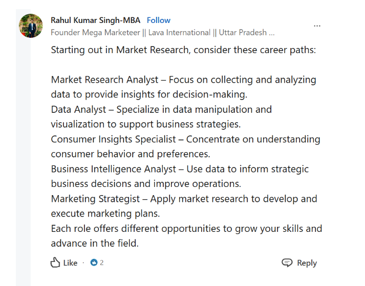 LinkedIn post on market research career paths