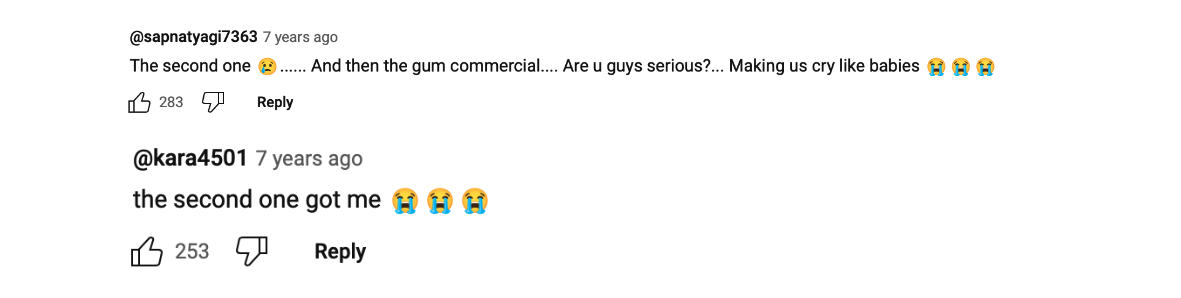 People comment about how emotional a gum commercial made them feel. 