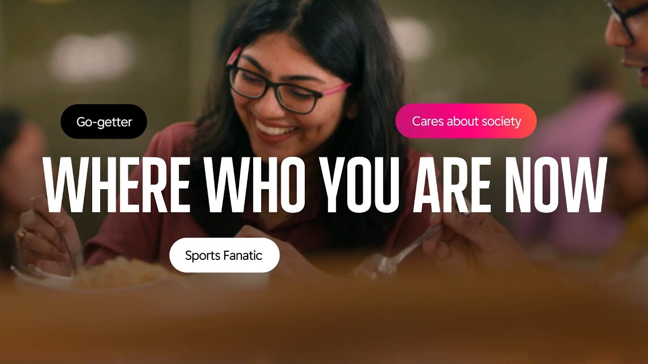 image of woman smiling and eating with Reckitt branding and the words Where Who You Are Now in white letters with word bubble descriptors