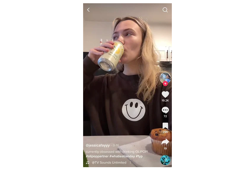 TikTok user promoting OLIPOP CPG brand for what I eat in a day trend