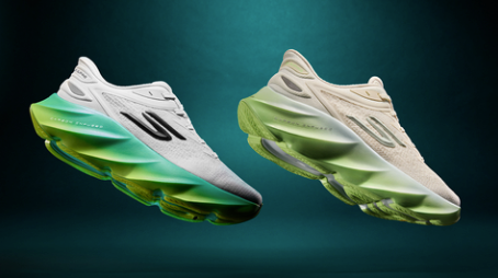 image of a pair of Skechers AERO Burst sneaker on a blue and black gradient background in a white and green color