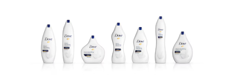 Six different-shaped bottles of Dove body wash on a white background 