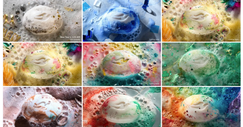 The Dove Beauty Bar campaign features photos of different multi-colored soaps and suds for several different holidays.